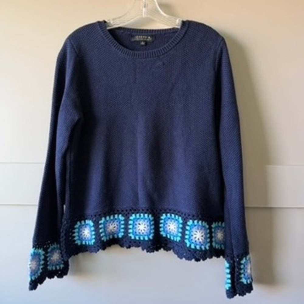 Joseph A Sweater Womens L Navy Blue Crochet Granny Square Trim Cotton Boho Knit